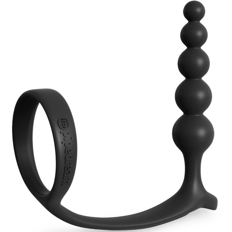 Schwarzes Analperlenspiel mit Cockring-Design. Besteht aus mehreren Kugeln und einem Ring. Aus Silikon.