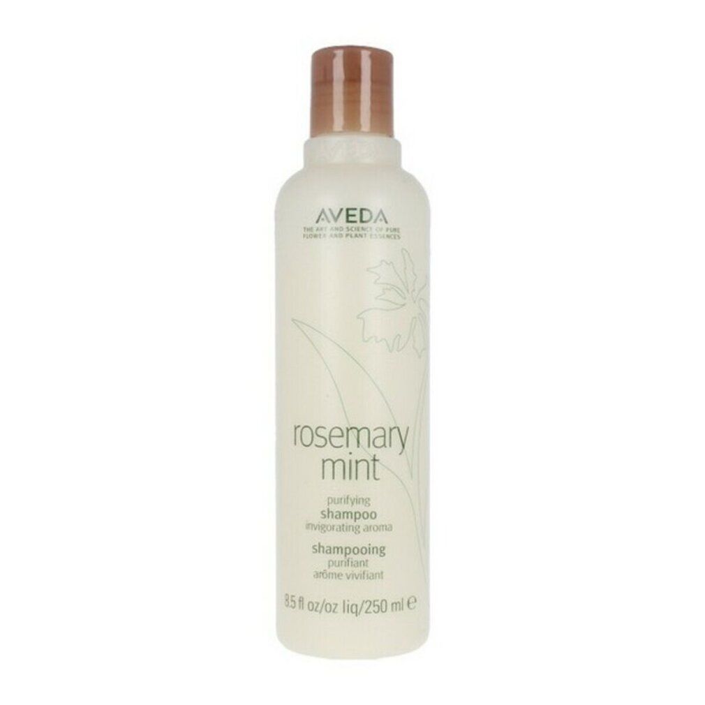 Aveda Shampoo-Flasche. Weißes Etikett mit Text: Rosemary Mint, Shampoo. Brauner Deckel. 250 ml.