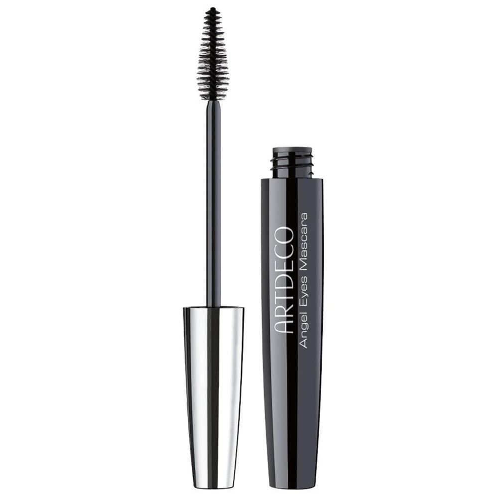 Schwarze Mascara-Tube und Bürste. Silberner Griff. Aufschrift: ARTDECO Angel Eyes Mascara. Offene Verpackung.