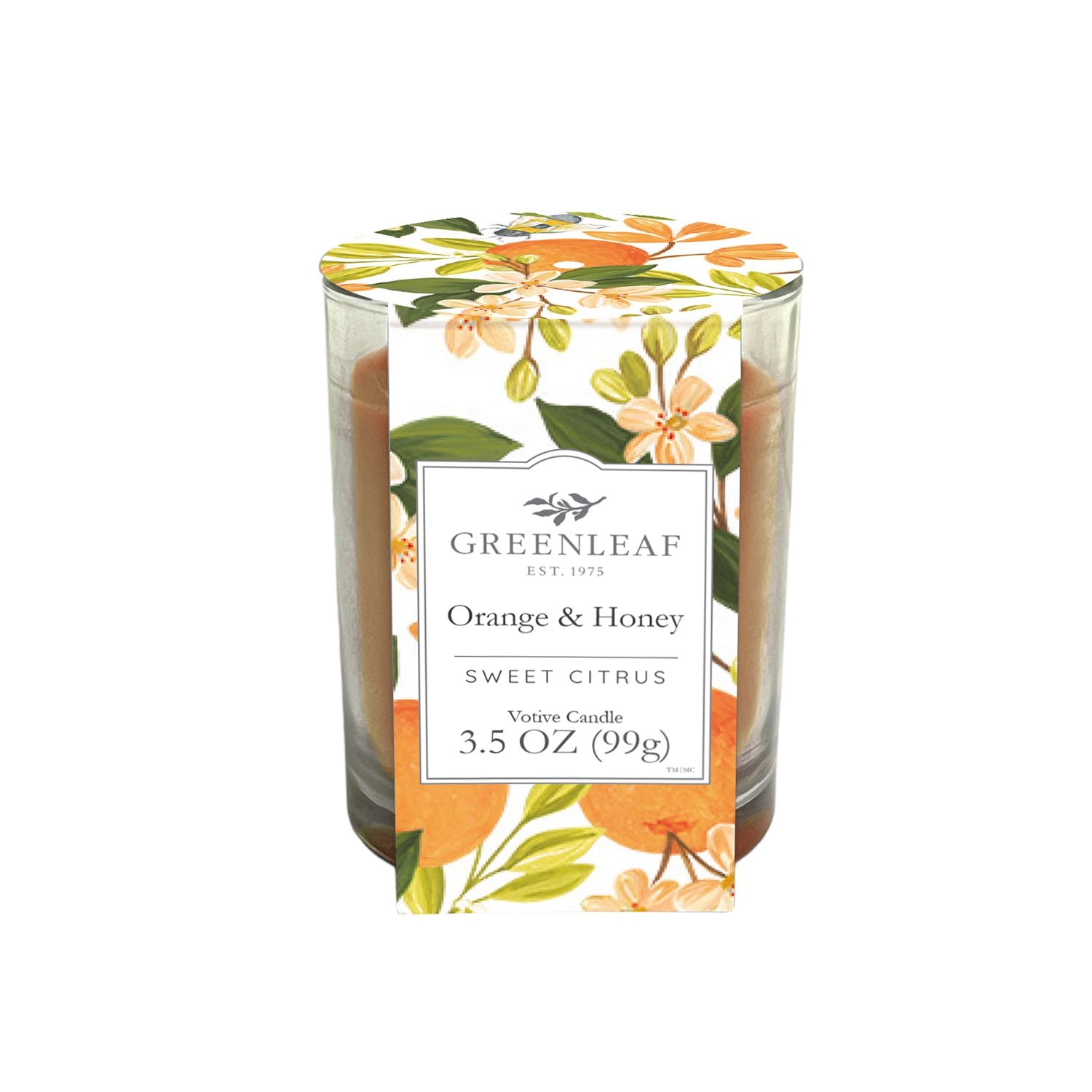 Duftkerze im Glas. Aufkleber mit floralem Muster und Text: Greenleaf, Orange & Honey, Sweet Citrus, 3.5 OZ (99g).