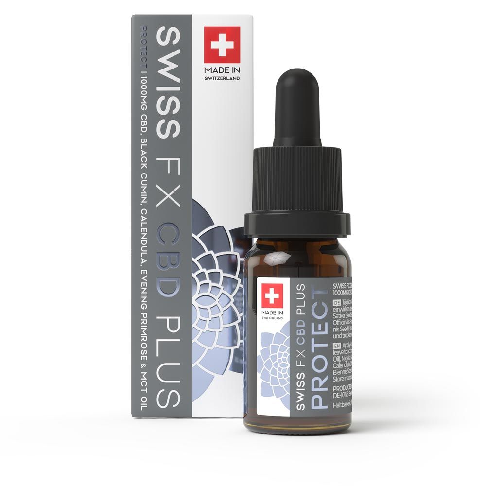 Braune Glasflasche mit Tropfer und Verpackung. Aufschrift: SWISS FX CBD PLUS PROTECT. Schweizer Kreuz.