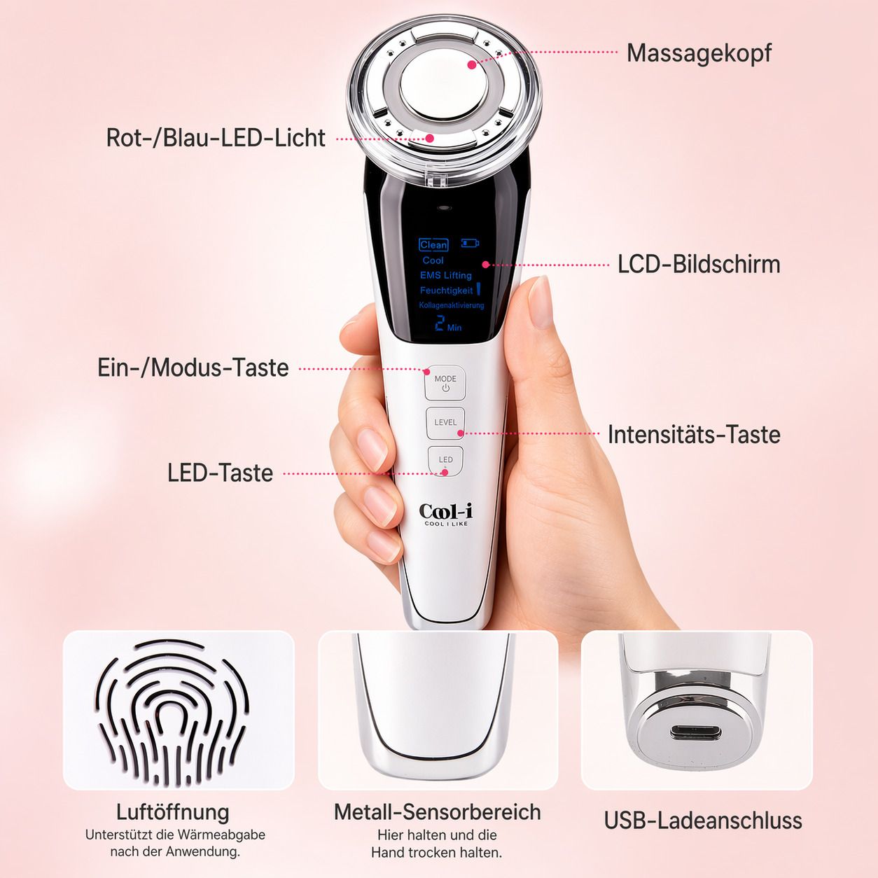 Weiß-schwarzes Hautpflegegerät in Hand. Mit LED-Taste, LCD-Bildschirm, Ein-/Modus-Taste. Details: Massagekopf, USB-Anschluss, Luftöffnung.