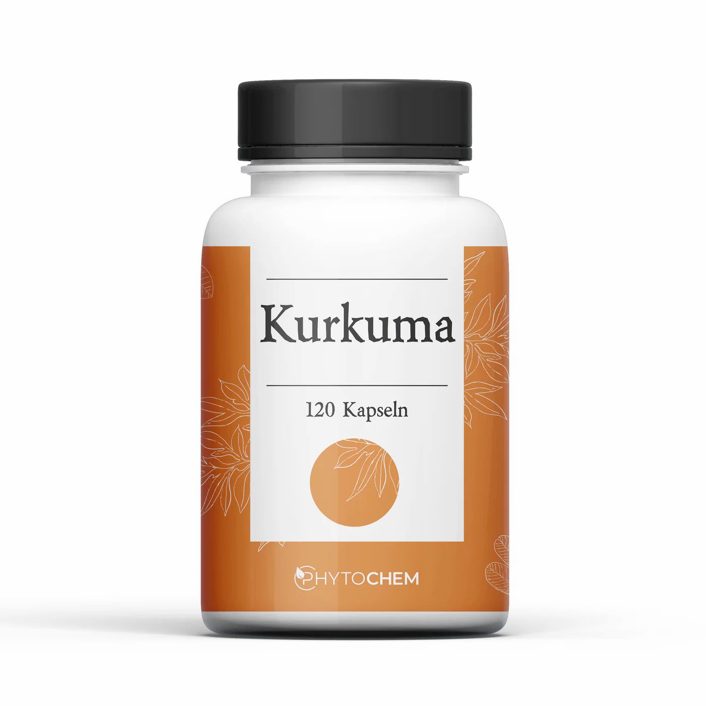 Weiße Flasche mit schwarzem Deckel. Aufschrift "Kurkuma" und "120 Kapseln". Orangefarbener Hintergrund mit floralem Muster. Marke: Phytochem.