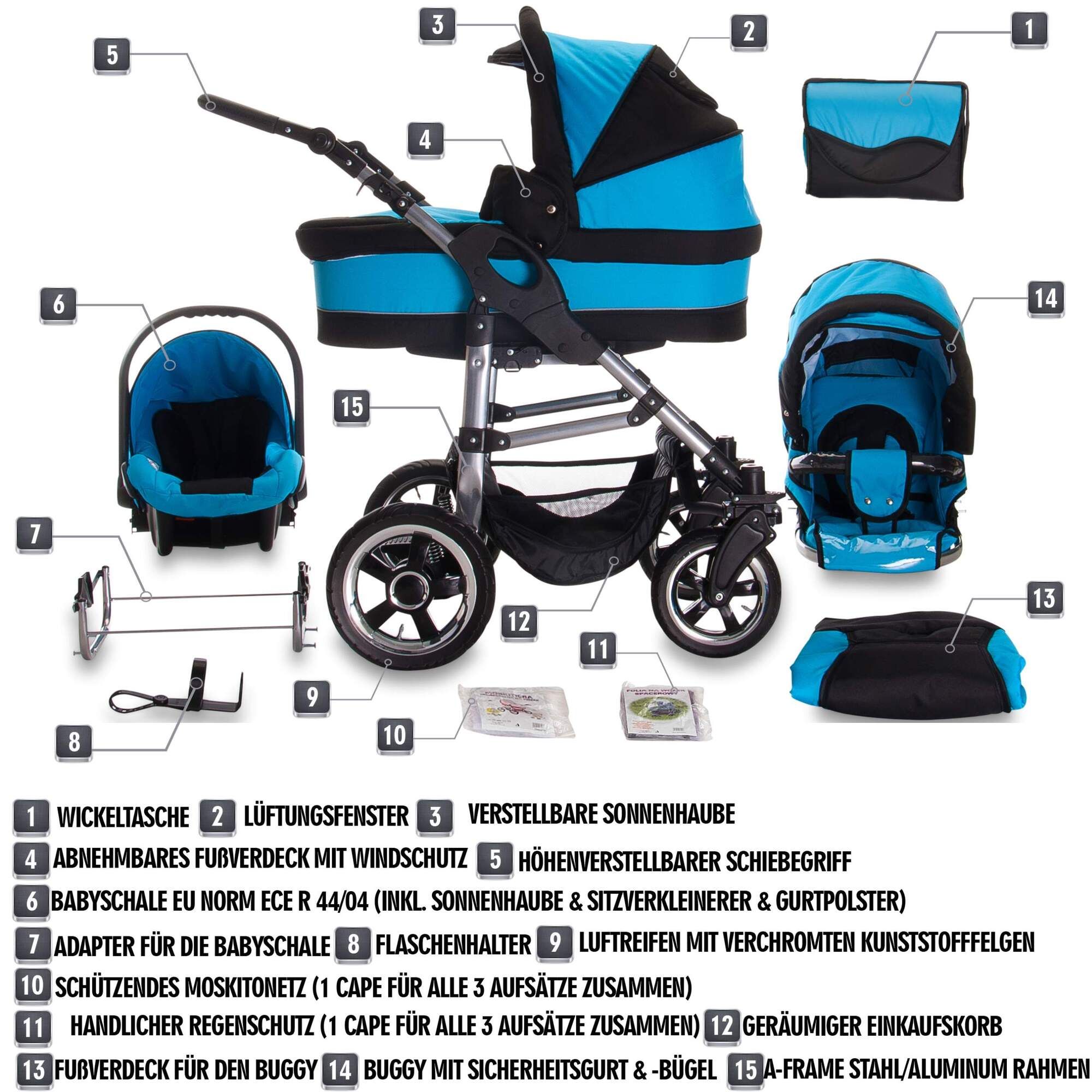Kinderwagen-Set in Blau mit Zubehör. Enthält Babywanne, Buggy, Autositz, Tasche, Regenschutz und weitere Teile.