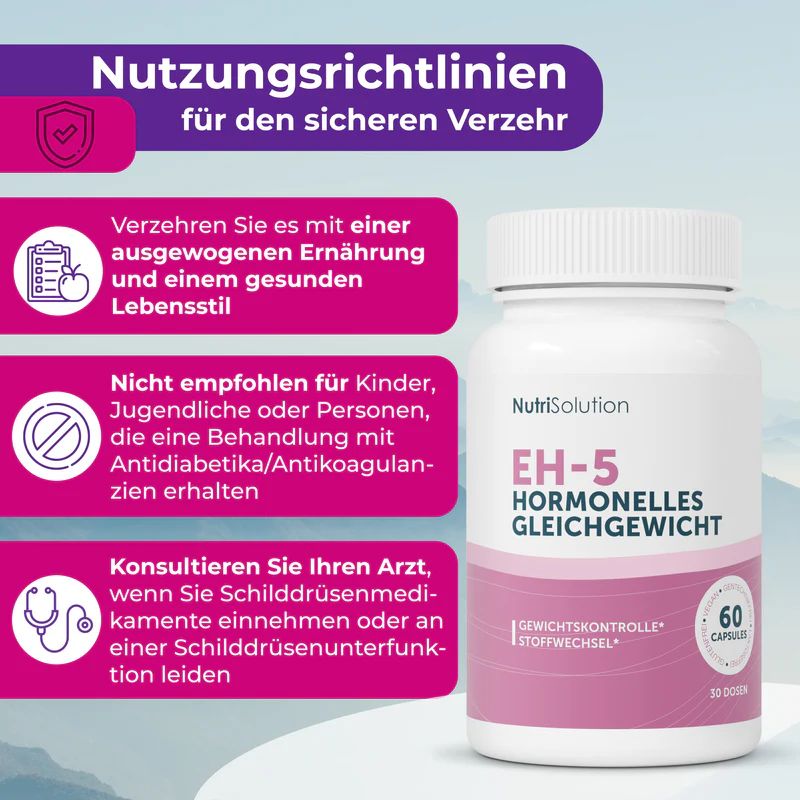 Flasche NutriSolution EH-5 Hormonelles Gleichgewicht. 60 Kapseln. Text: Nutzungsrichtlinien. Nicht für Kinder.
