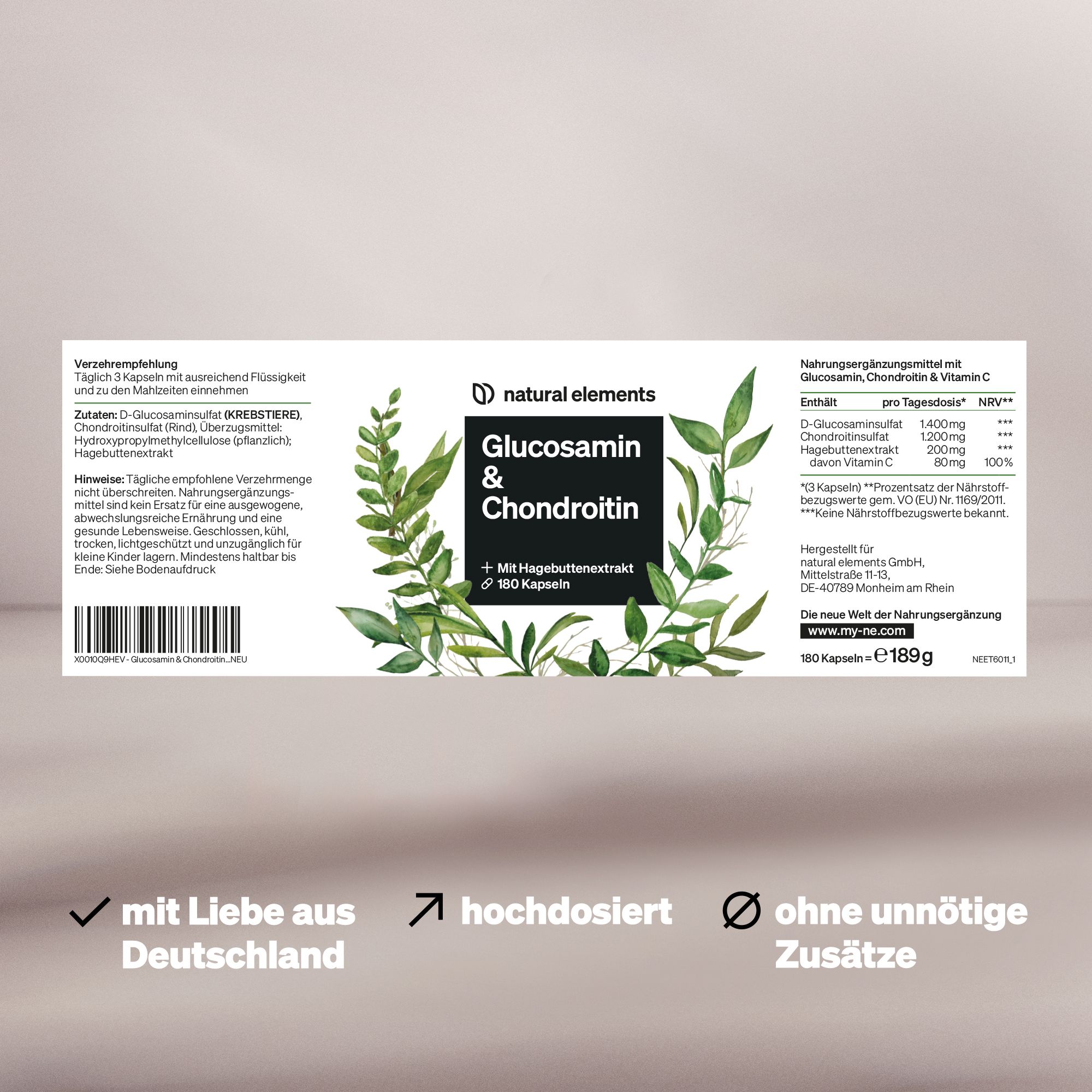 natural elements Glucosamin & Chondroitin – 180 Kapseln – mit Hagebuttenextrakt & Vitamin C