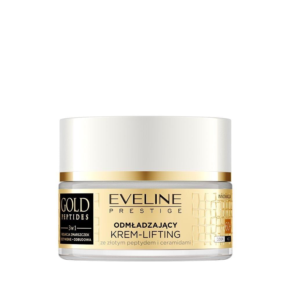 Creme-Tiegel mit goldfarbenem Rand und weißem Deckel. Aufschrift: Eveline Gold Peptides. Text in mehreren Sprachen.