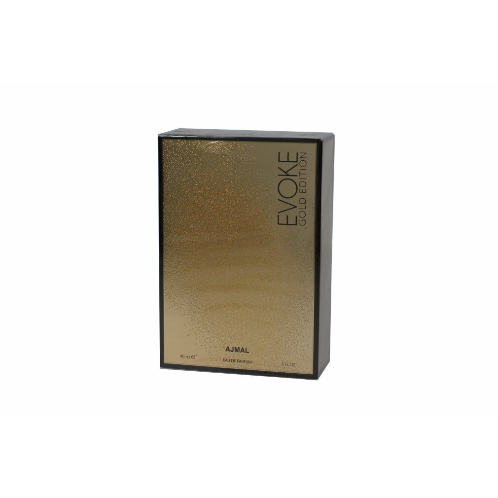 Goldfarbener rechteckiger Karton. Schwarzer Rahmen. Aufschrift "EVOKE GOLD EDITION" und "AJMAL EAU DE PARFUM".