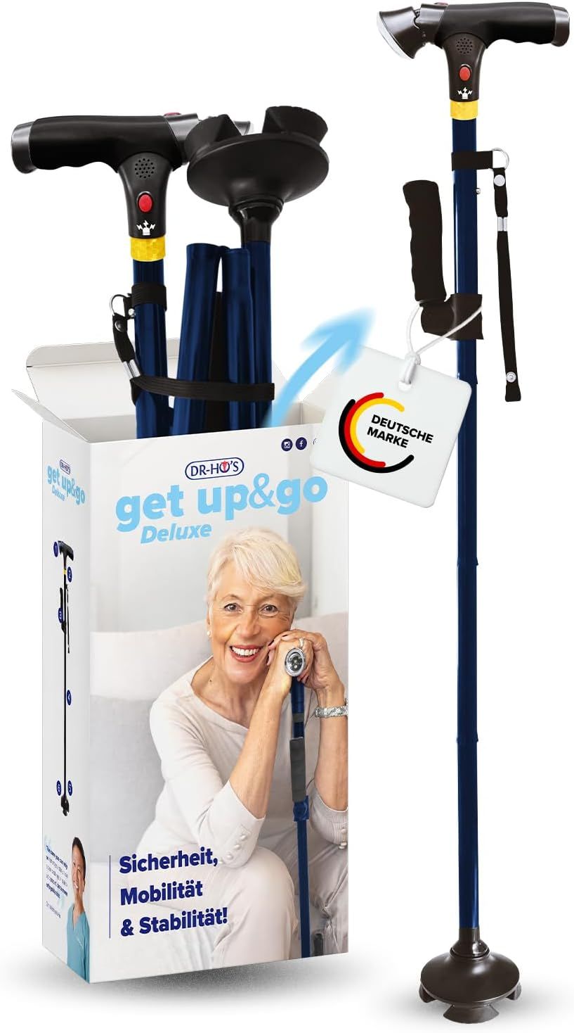 Dr-Ho's Get Up & Go Gehstock mit LED-Licht, Alarmknopf 4-Punkt-Standfuß 1 St Kranken-/Gehstock