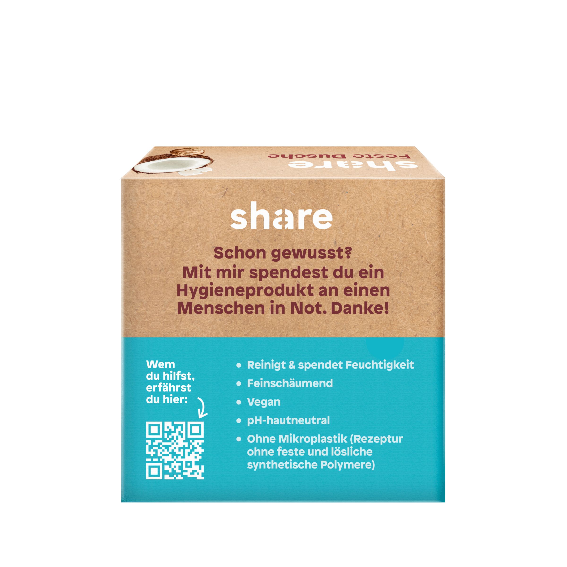 Kartonverpackung, Rückseite. Text: share. Informationen über das Produkt und seine Eigenschaften. QR-Code.