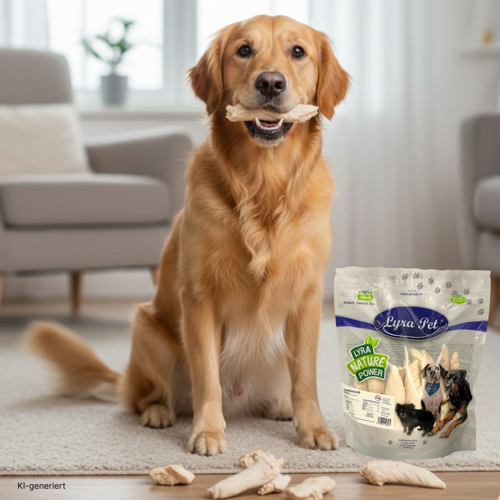 Golden Retriever sitzt mit Kauknochen im Maul neben einer Packung Lyra Pet Hundeleckerlis.