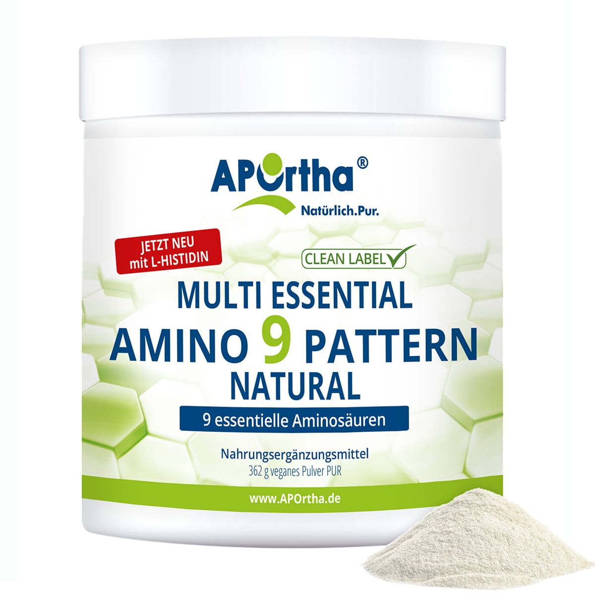 Weißer Behälter mit APOrtha® Amino-9-Pattern Pulver. Aufschrift: Multi Essential Amino 9 Pattern Natural. Mit L-Histidin.
