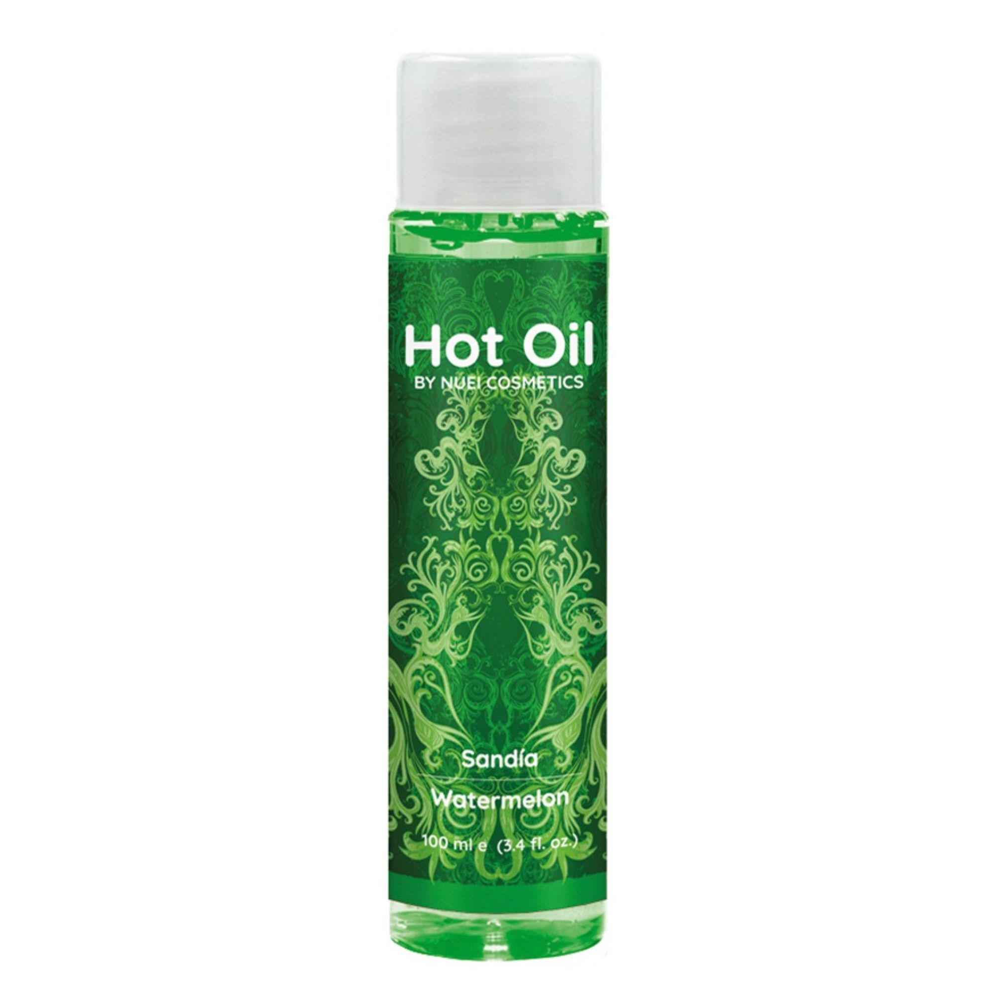 Grünes Massageöl mit weißem Deckel. Aufschrift: Hot Oil, Sandía, Watermelon. Marke: NUEI cosmetics.