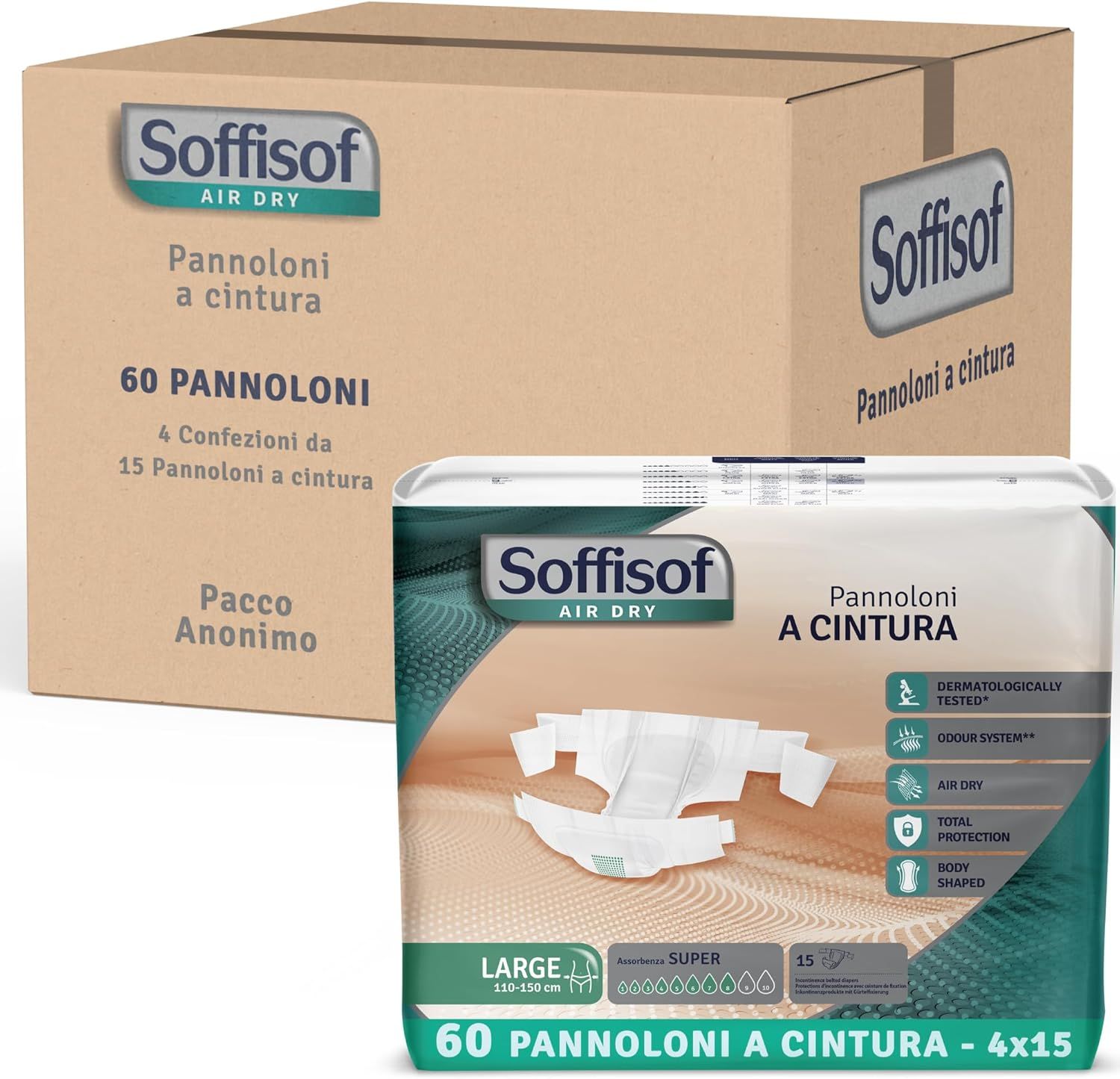Soffisof Inkontinenzschutz mit Hüftbund Extra. Verpackung und Karton. Produktverpackung mit Windel. Größe Large, 110-150 cm.