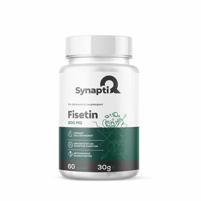 Weißes Fläschchen mit grünem Etikett. Aufschrift: SynaptiQ, Fisetin 200mg, 60 Kapseln, 30g. Grün-weiße Illustration.