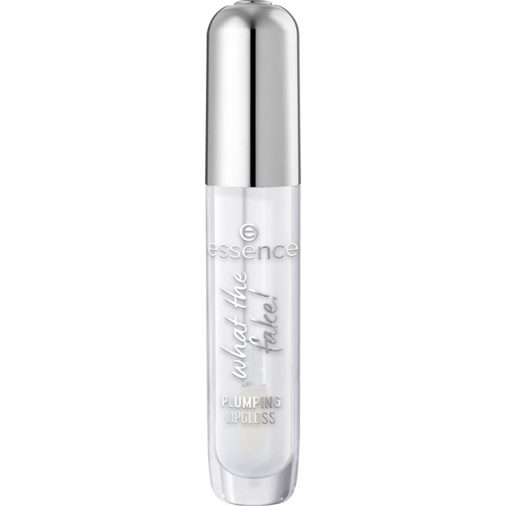 Transparenter Lipgloss mit silberner Kappe. Aufschrift: Essence, What the Fake!, Plumping Lipgloss.