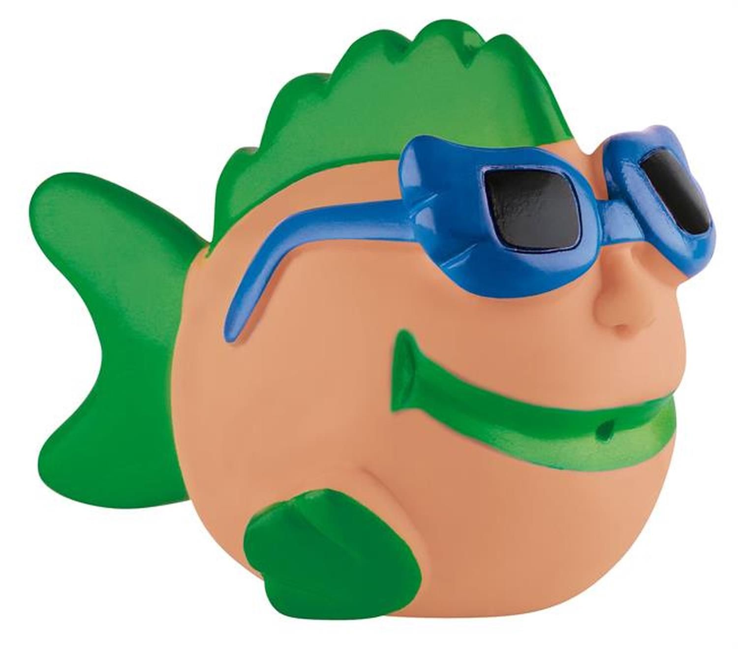 Beiger Sunflex Bubble Fish mit grünen Sonnenbrillen und Flossen. Fisch mit blauen Gläsern.