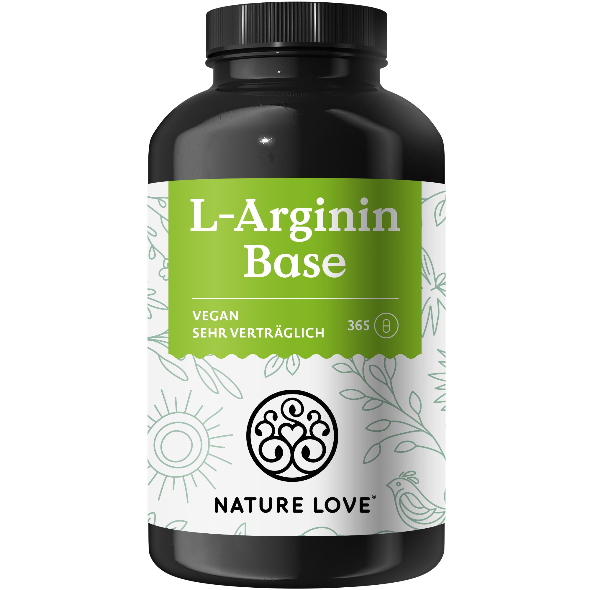 Schwarze Flasche mit weiß-grünem Etikett. Aufschrift: L-Arginin Base, vegan, sehr verträglich. Logo: NATURE LOVE.