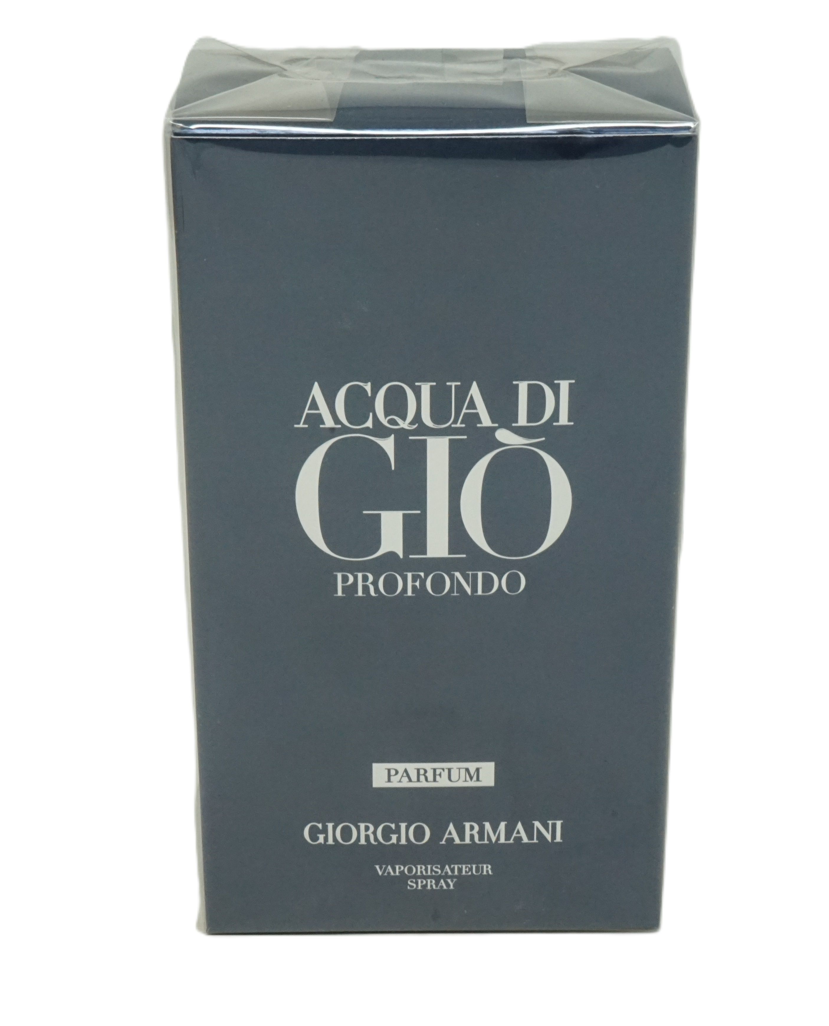 Dunkelblaue Verpackung mit weißem Text: Acqua di Giò Profondo, Parfum, Giorgio Armani. VAPORISATEUR SPRAY.