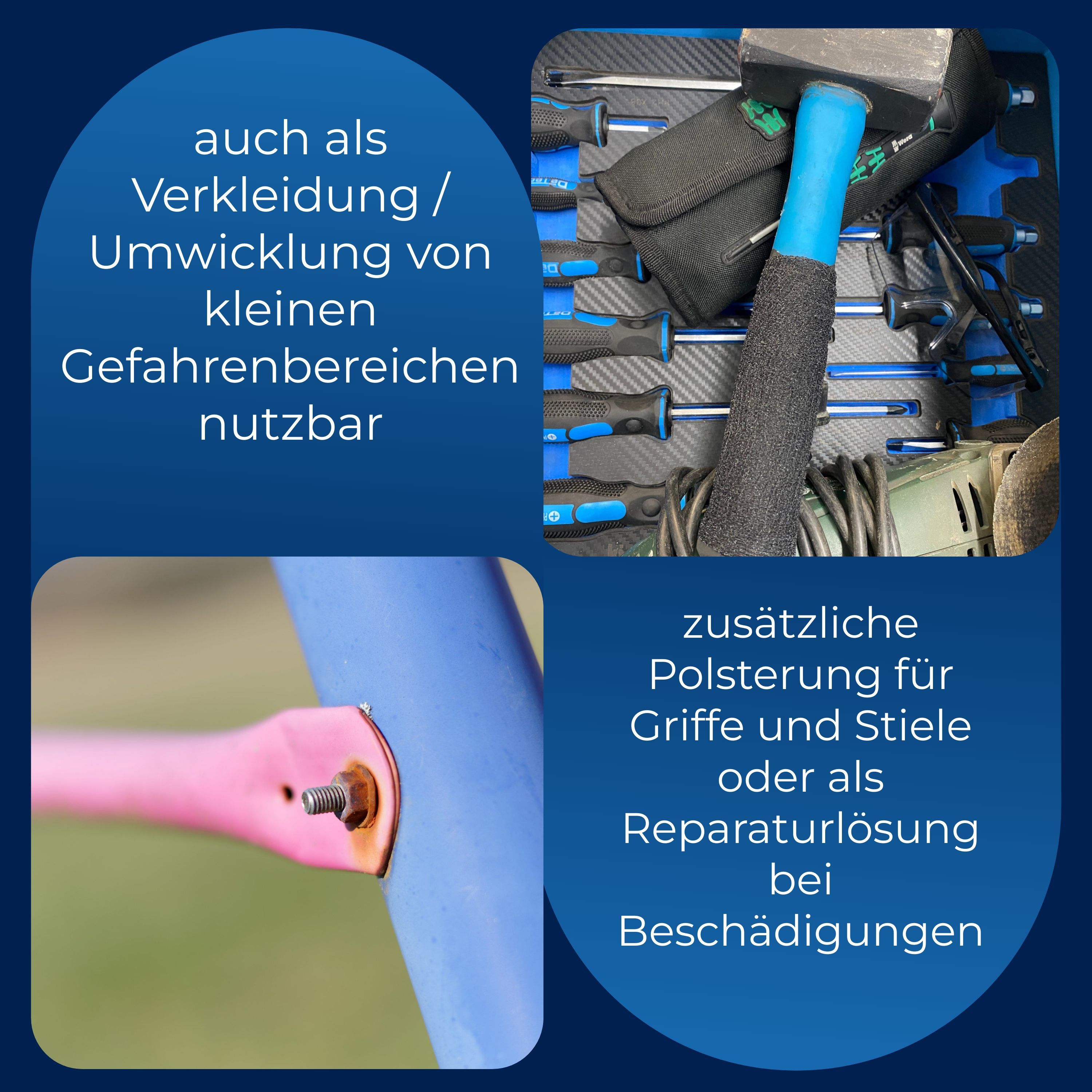 Bilder: Werkzeugkasten, Spielplatz, Werkzeug. Text: 'auch als Verkleidung/Umwicklung von kleinen Gefahrenbereichen'.