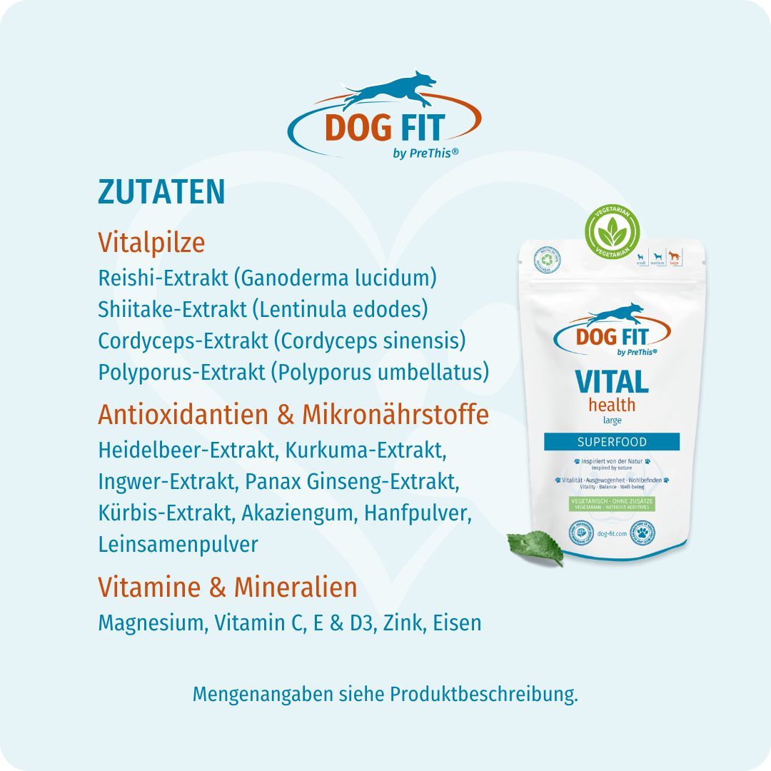 Produktverpackung DOG FIT VITAL health. Zutatenliste: Vitalpilze, Antioxidantien & Mikronährstoffe, Vitamine & Mineralien.