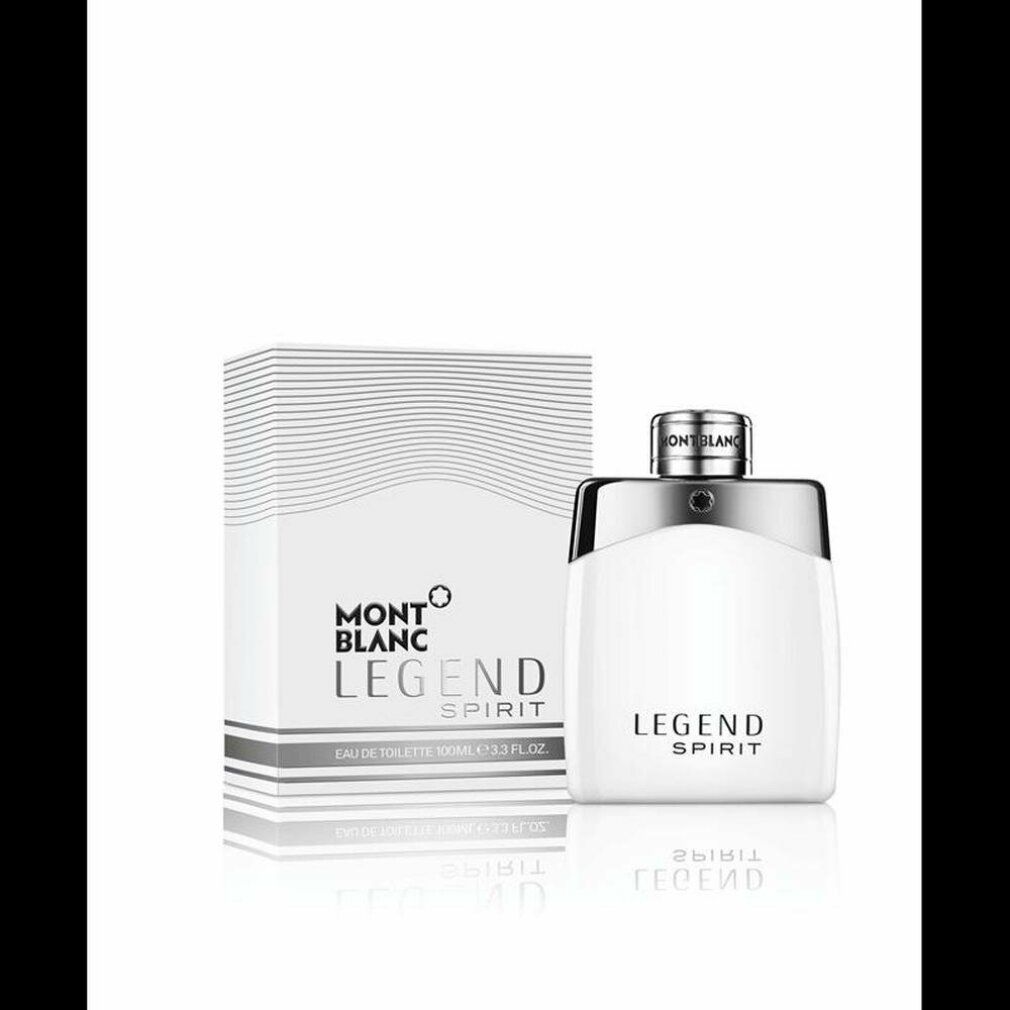 Weißes Eau de Toilette mit silberner Kappe und Verpackung. Aufschrift Legend Spirit und Montblanc.