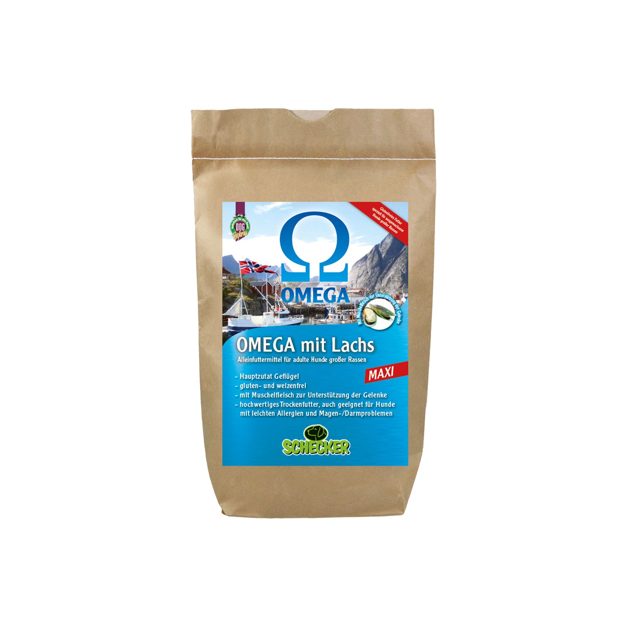 Beutel Trockenfutter mit Omega-Logo und Lachs-Aufdruck. MAXI-Version. Braune Papierverpackung.