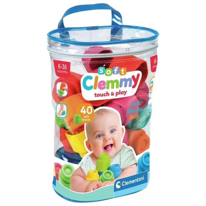Mattoncini morbidi in sacchetto trasparente. Scritta: "Soft Clemmy touch & play". Contiene 40 blocchi. Con immagine di bambino.