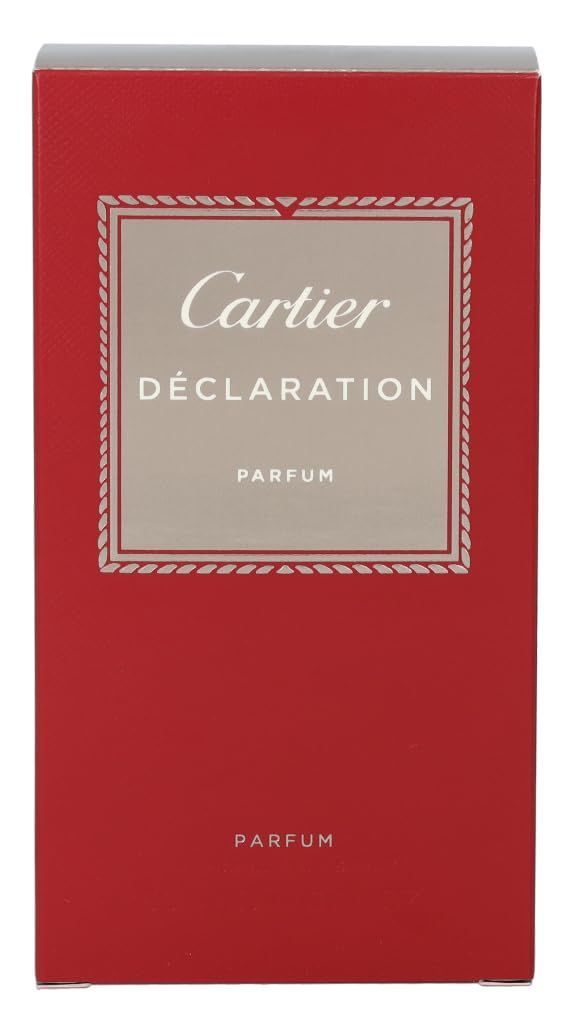 Rote Cartier Declaration Parfum Schachtel mit silbernem Etikett und silberner Umrandung.