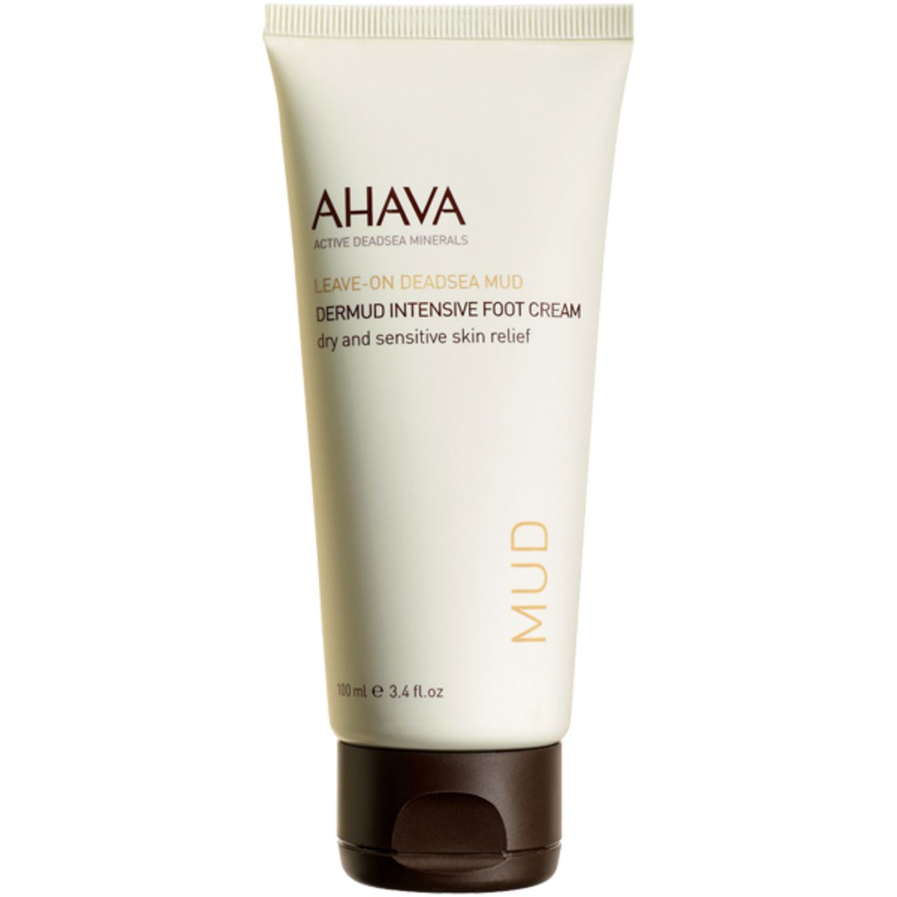 Creme-Tube mit AHAVA-Logo und Produktbezeichnung. Brauner Verschluss, Schriftzug "MUD".