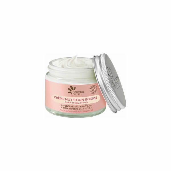Pot de crème avec couvercle. Inscription : Crème Nutrition Intense, label bio. Marque : Fleurance Nature.