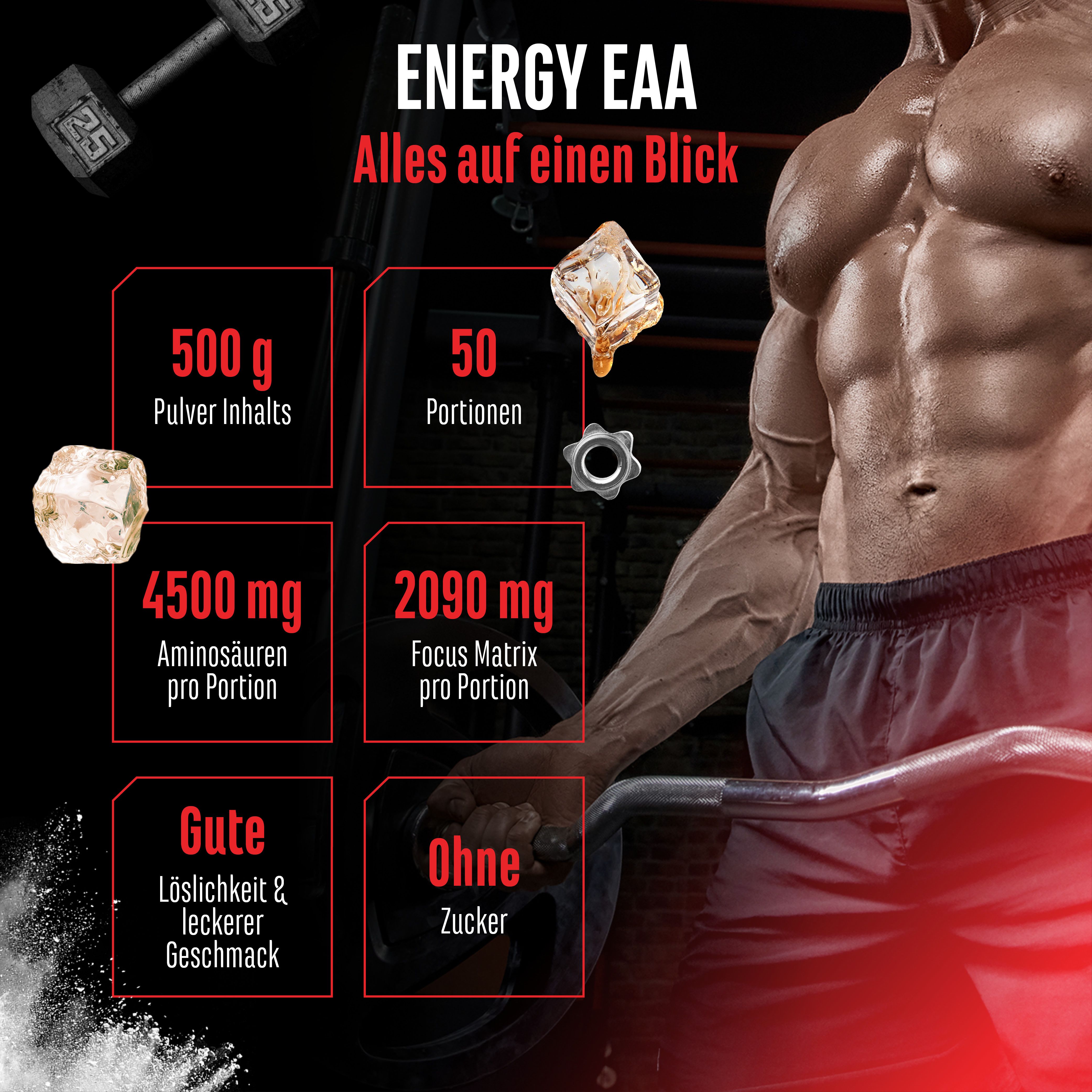Infografik: "ENERGY EAA". 500g Pulver, 50 Portionen, 4500mg Aminosäuren, 2090mg Focus Matrix. Gute Löslichkeit, ohne Zucker.