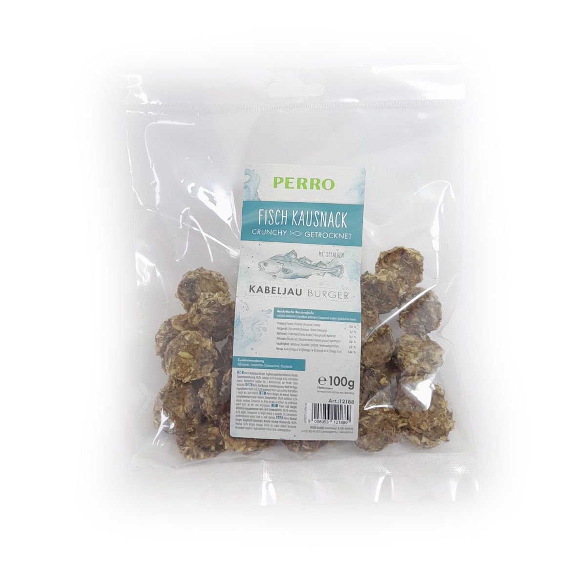 Klare Plastiktüte mit Fisch-Kausnack. Aufdruck mit Produktname und Marke PERRO. Enthält runde, braune Snacks.
