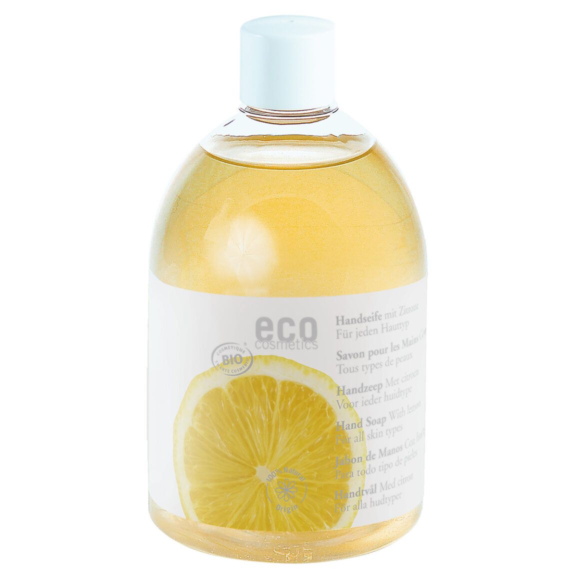 Zitronen-Handseife in einer transparenten Flasche mit weißem Deckel. Aufkleber mit Zitrone und "eco cosmetics"-Logo.