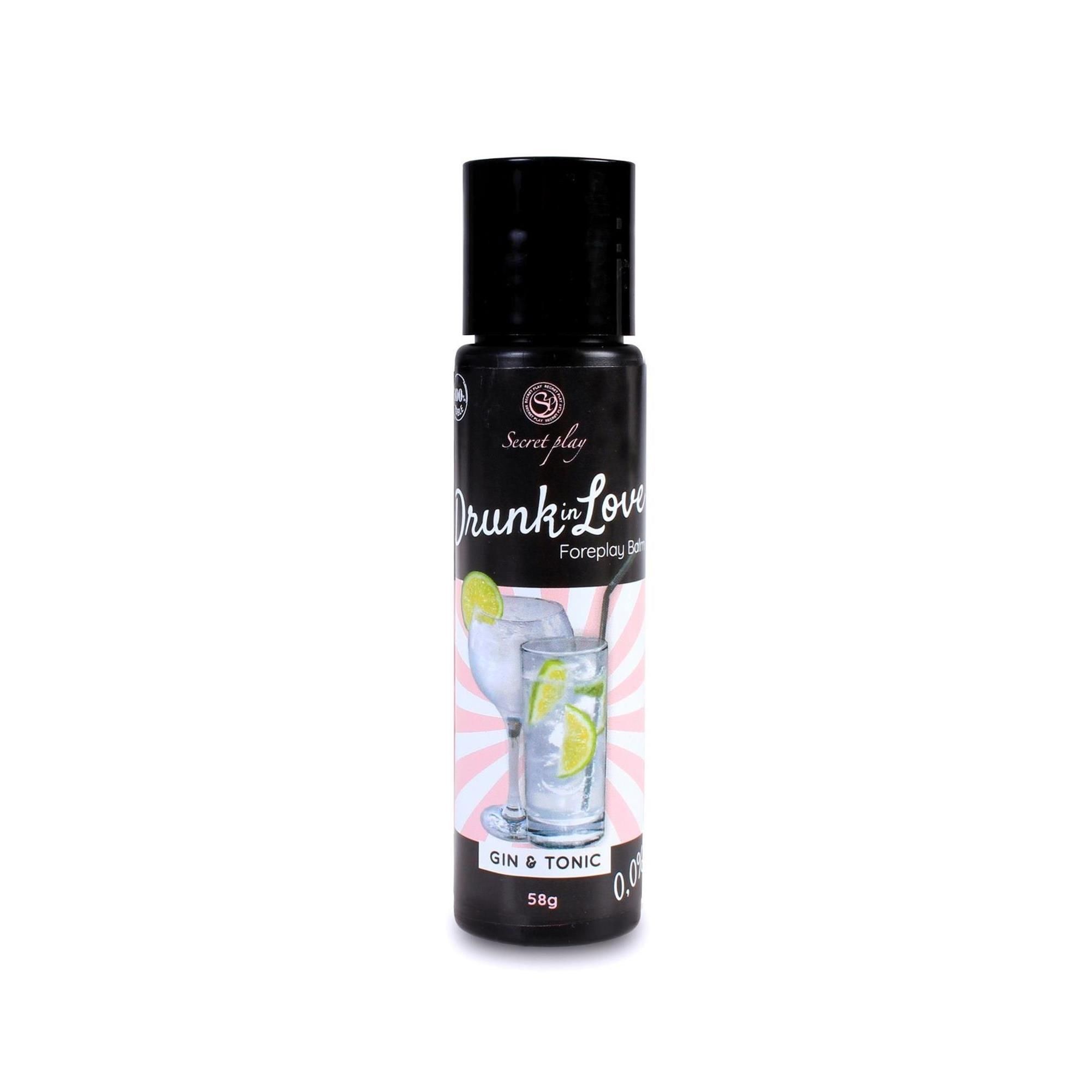 Schwarze Flasche mit Aufschrift "Drunk in Love Foreplay Balm". Abbildung eines Cocktails. 58g.