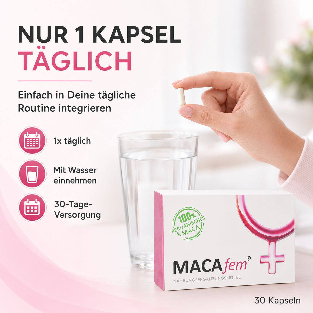 MACAfem Kapseln: 100% peruanisches Maca, 30 Kapseln. Für Frauen.