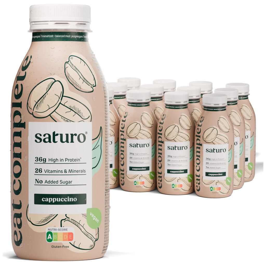 Saturo Cappuccino Trinknahrung: 36g Protein, 26 Vitamine & Mineralien, ohne Zuckerzusatz. Vegan.