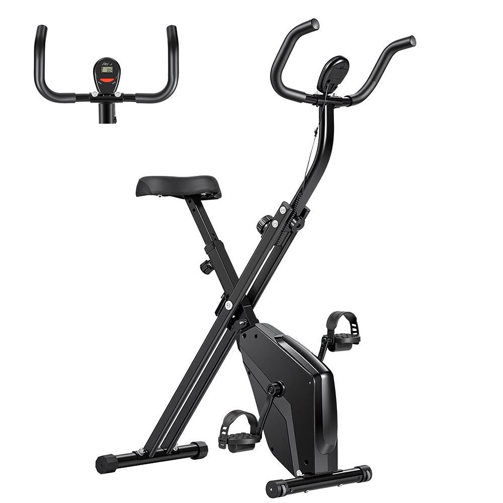 Schwarzes, klappbares Heimtrainer-Fahrrad. Sattel, Lenker, Pedale und Display. Zusätzliche Ansicht des Displays.