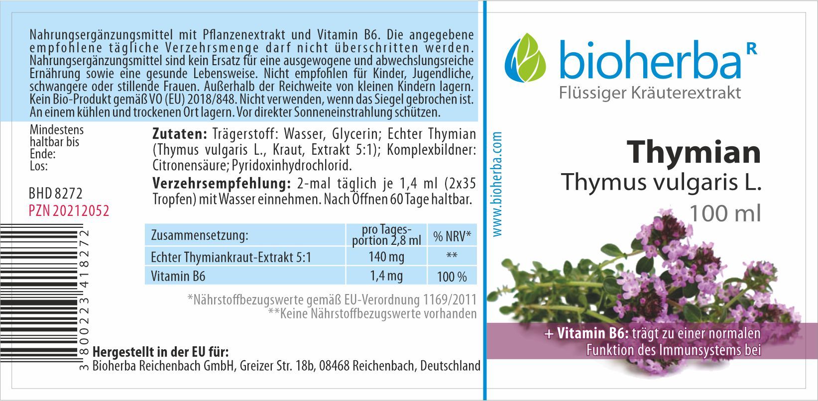 Bioherba Thymian Thymus vulgaris L. Tropfen Tinktur