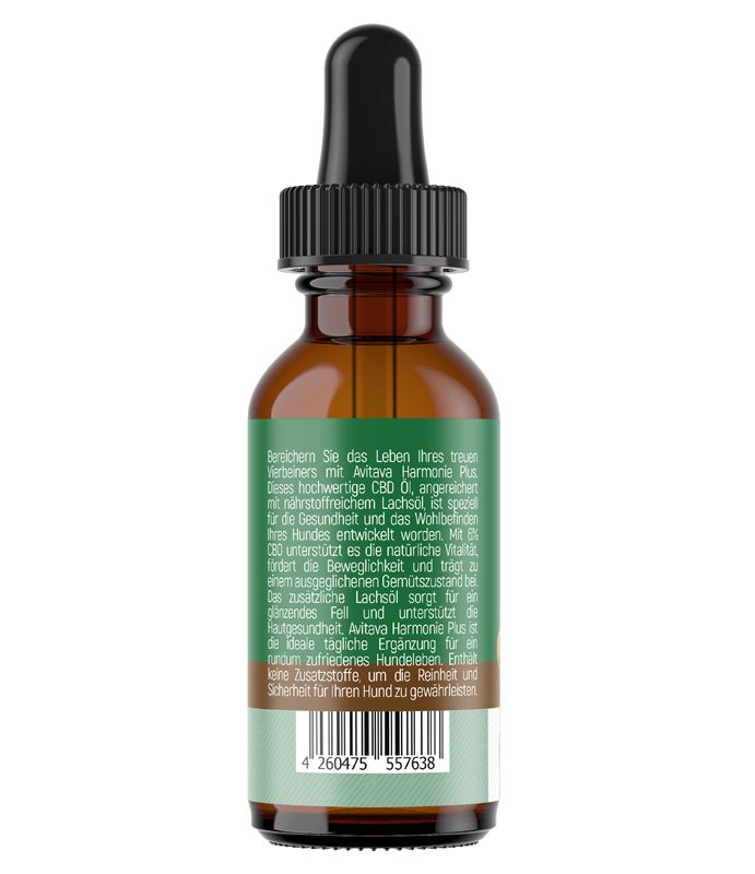 Braune Glasflasche mit schwarzem Tropfer. Etikett mit Text und Barcode. CBD-Öl für Hunde mit Lachsöl.