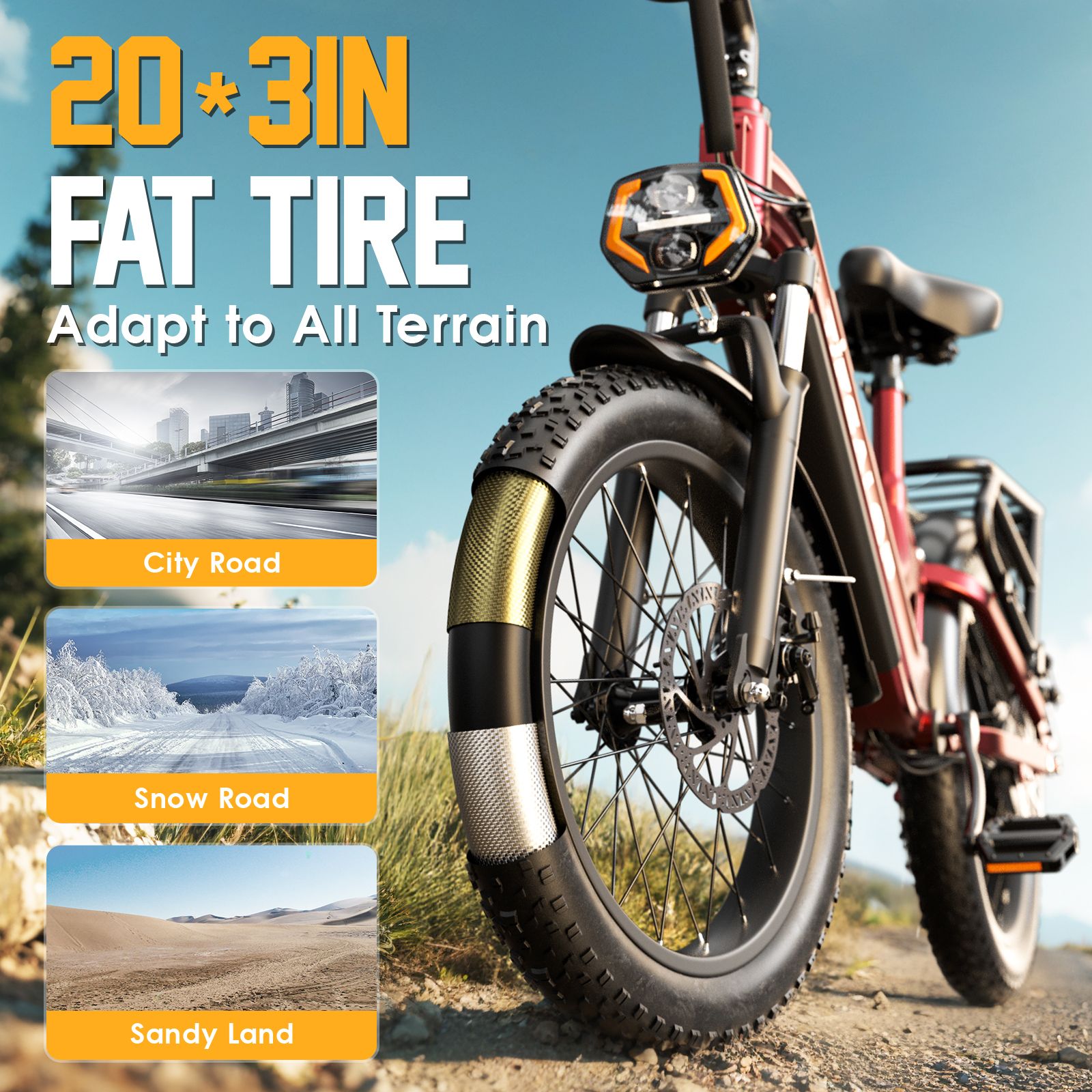 E-Bike mit Breitreifen. Text: 20*3IN FAT TIRE. Geeignet für Stadt-, Schnee- und Sandstraßen. Marke TIFGALOP.