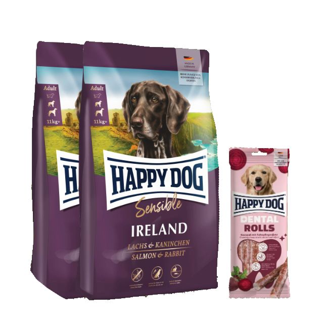 Happy Dog Sensible Ireland Doppelpack + Dental Rolls für Hunde 25,1 kg