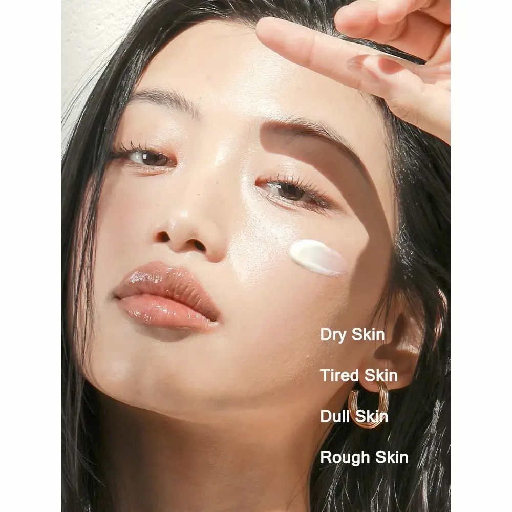 Junge Frau mit Creme auf der Haut. Aufschrift: Dry Skin, Tired Skin, Dull Skin, Rough Skin.