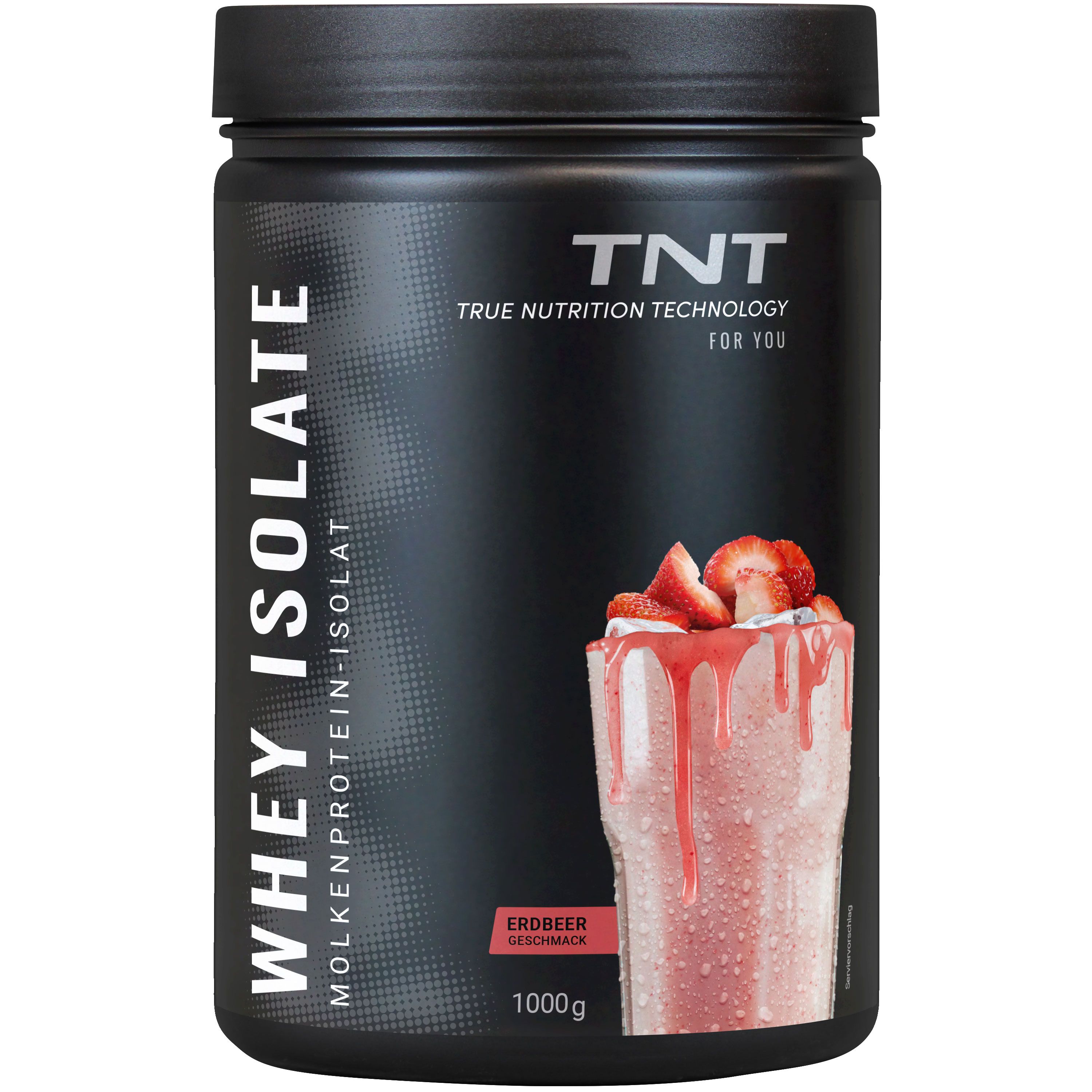 Schwarze Dose TNT Whey Isolate. Erdbeer-Geschmack. 1000g. Abbildung eines Erdbeer-Shakes.