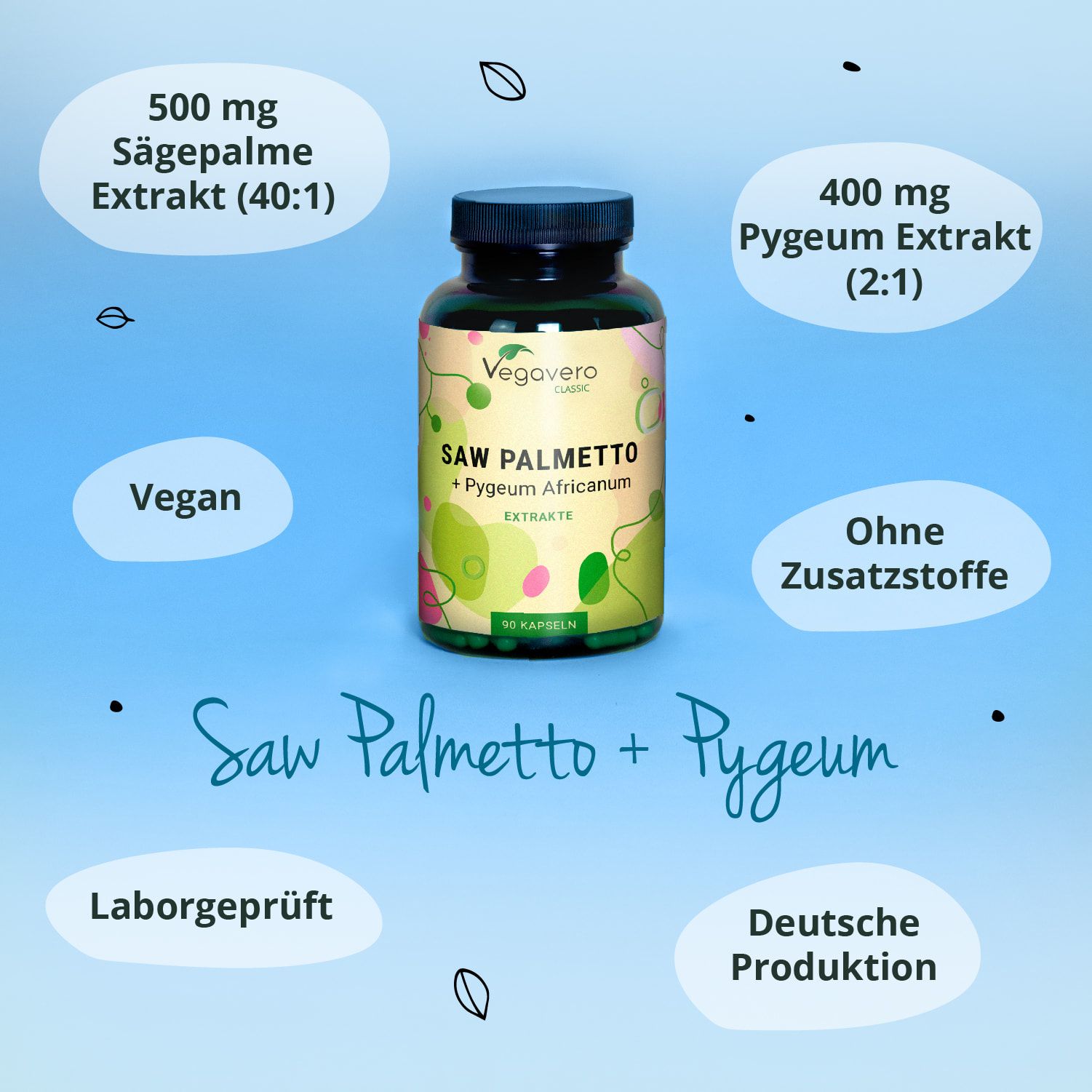 Produktflasche mit Inhaltsangaben. Aufschrift: SAW PALMETTO + Pygeum. Vegavaro Classic. Deutsche Produktion.