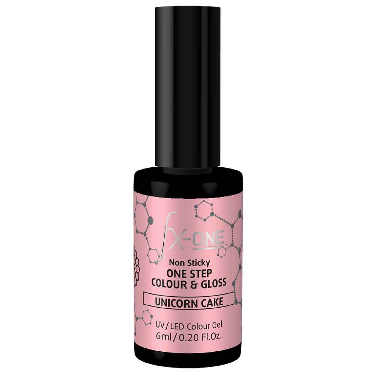 Nagellackflasche mit schwarzem Deckel. Aufschrift: FX-ONE, Non Sticky, One Step Colour & Gloss, Unicorn Cake.
