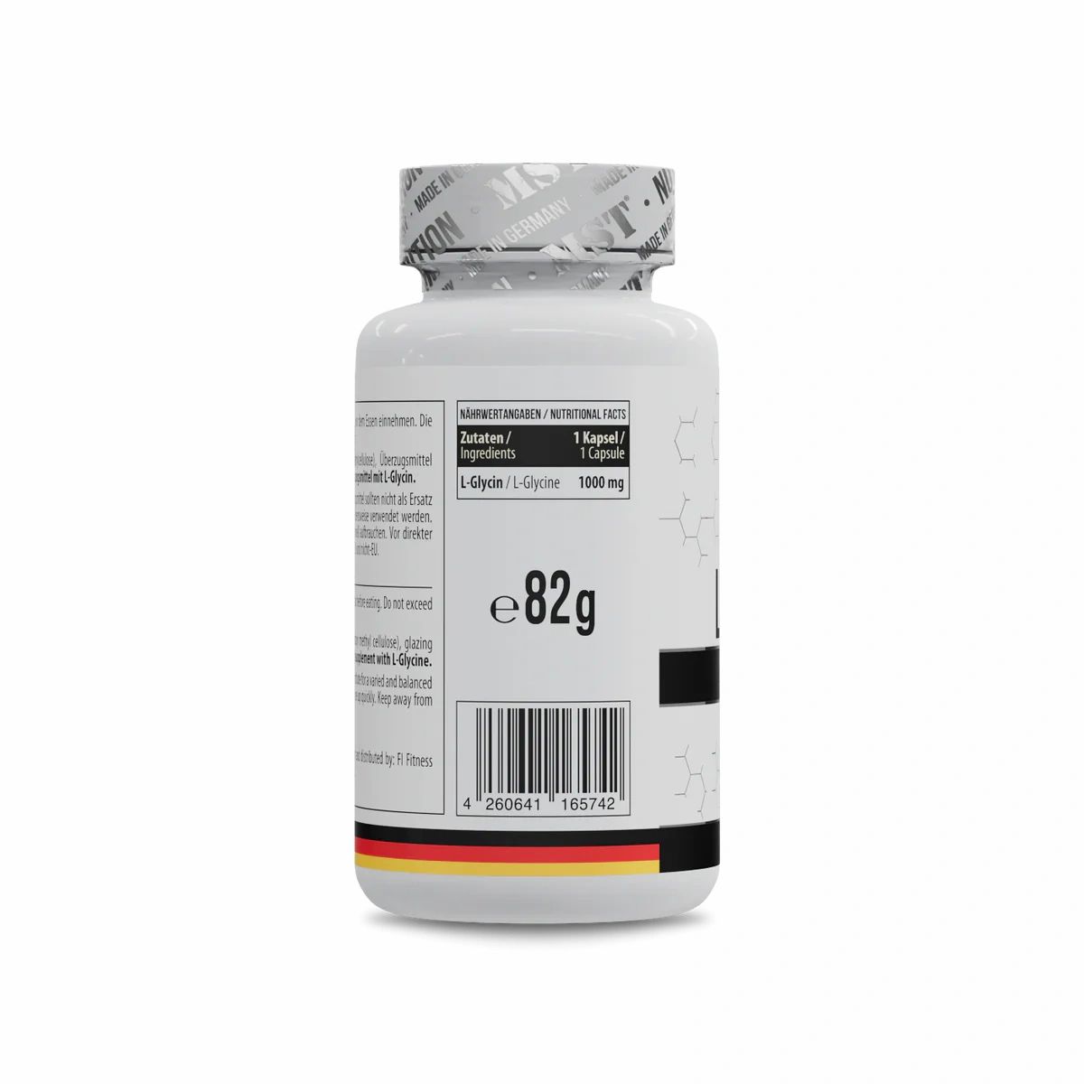 Rückseite der weißen Flasche mit MST L-Glycin. Text: Nährwertangaben, Zutaten, Gewicht 82g, Barcode, Deutschland-Flagge.