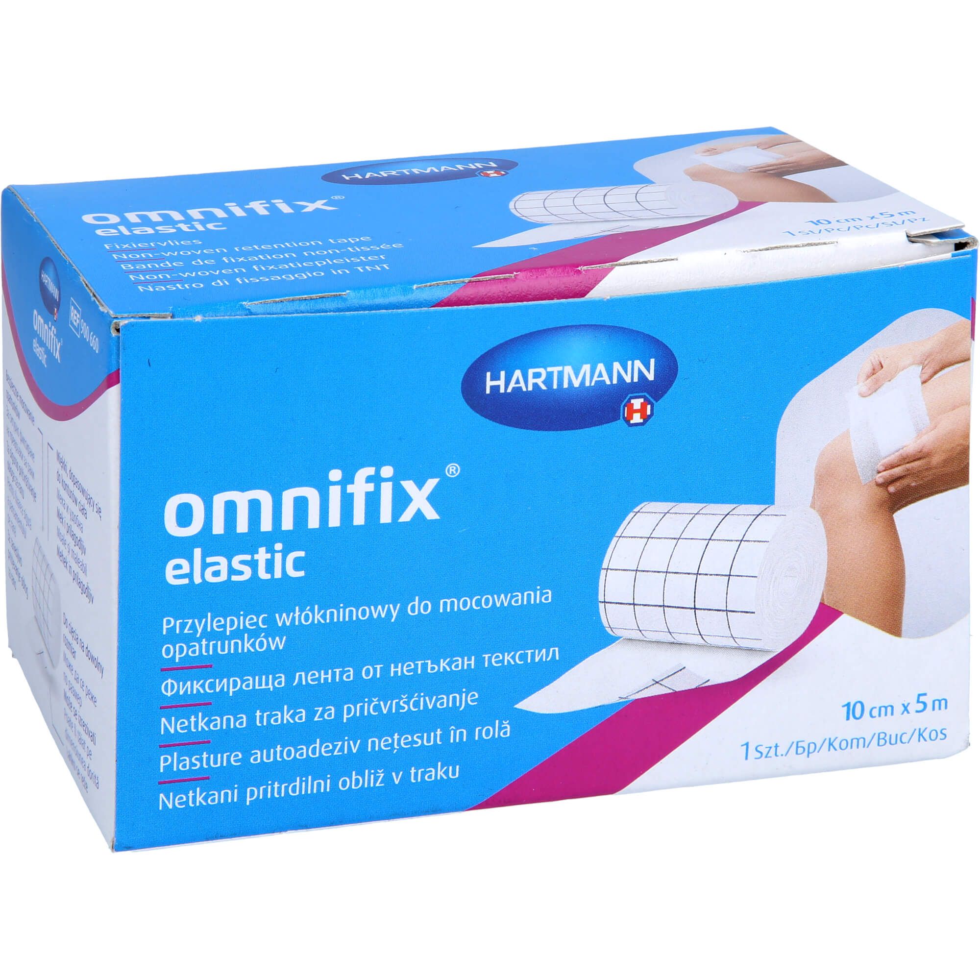 Omnifix Elastic Verbandrolle, 10cm x 5m, auf einer blauen Verpackung mit Produktabbildung.