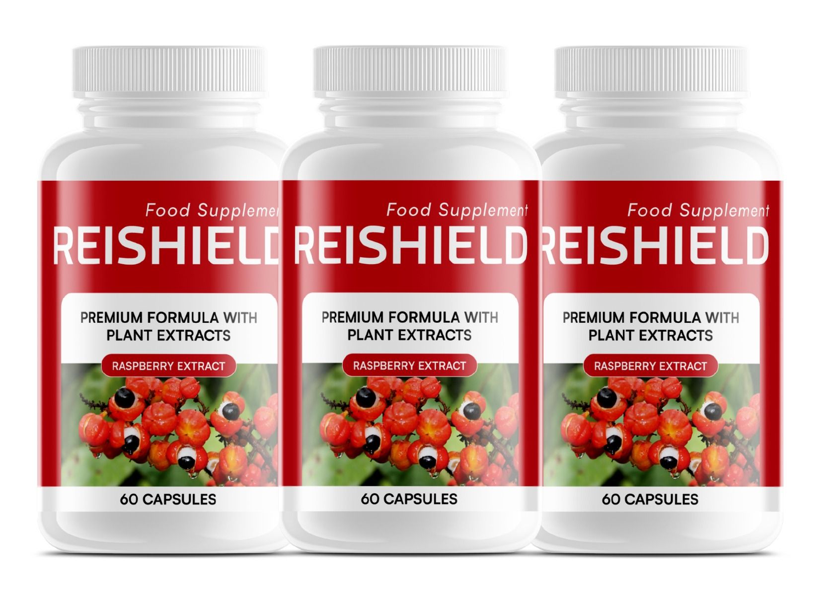 Drei Flaschen Reishield Nahrungsergänzungsmittel mit Himbeerextrakt und Pflanzenextrakten, 60 Kapseln pro Flasche.