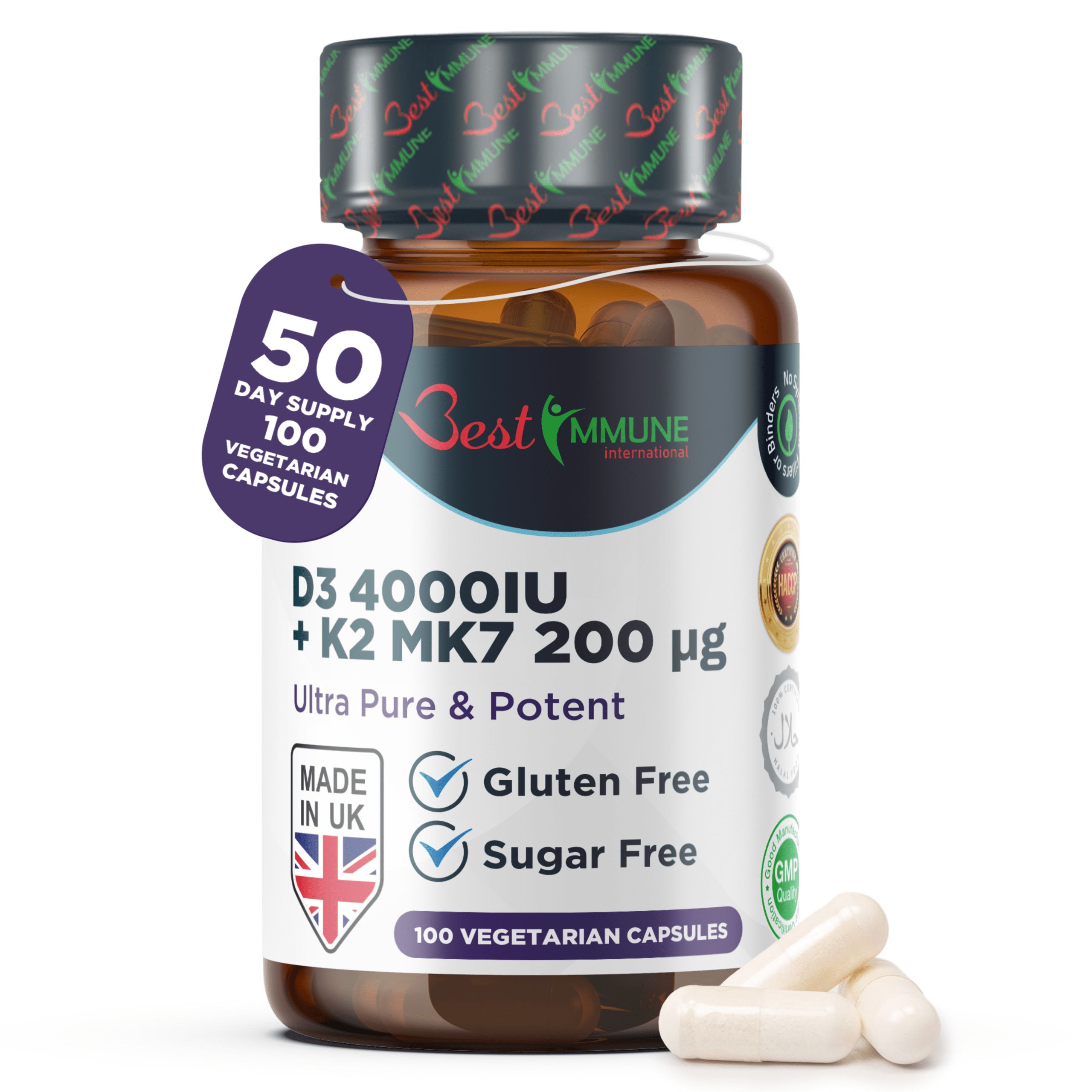 Best Immune Vitamin K2 MK7 200 mcg D3 (Cholecalciferol) 4000 IE